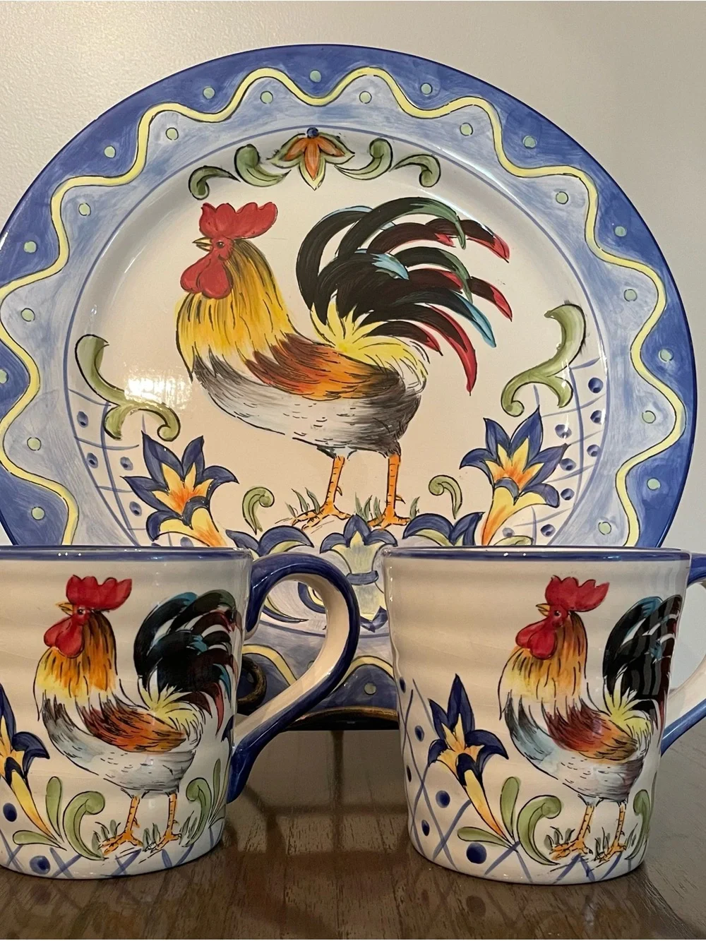 Hand-Painted Rooster Ceramic Dinner Plate - Blue Accent